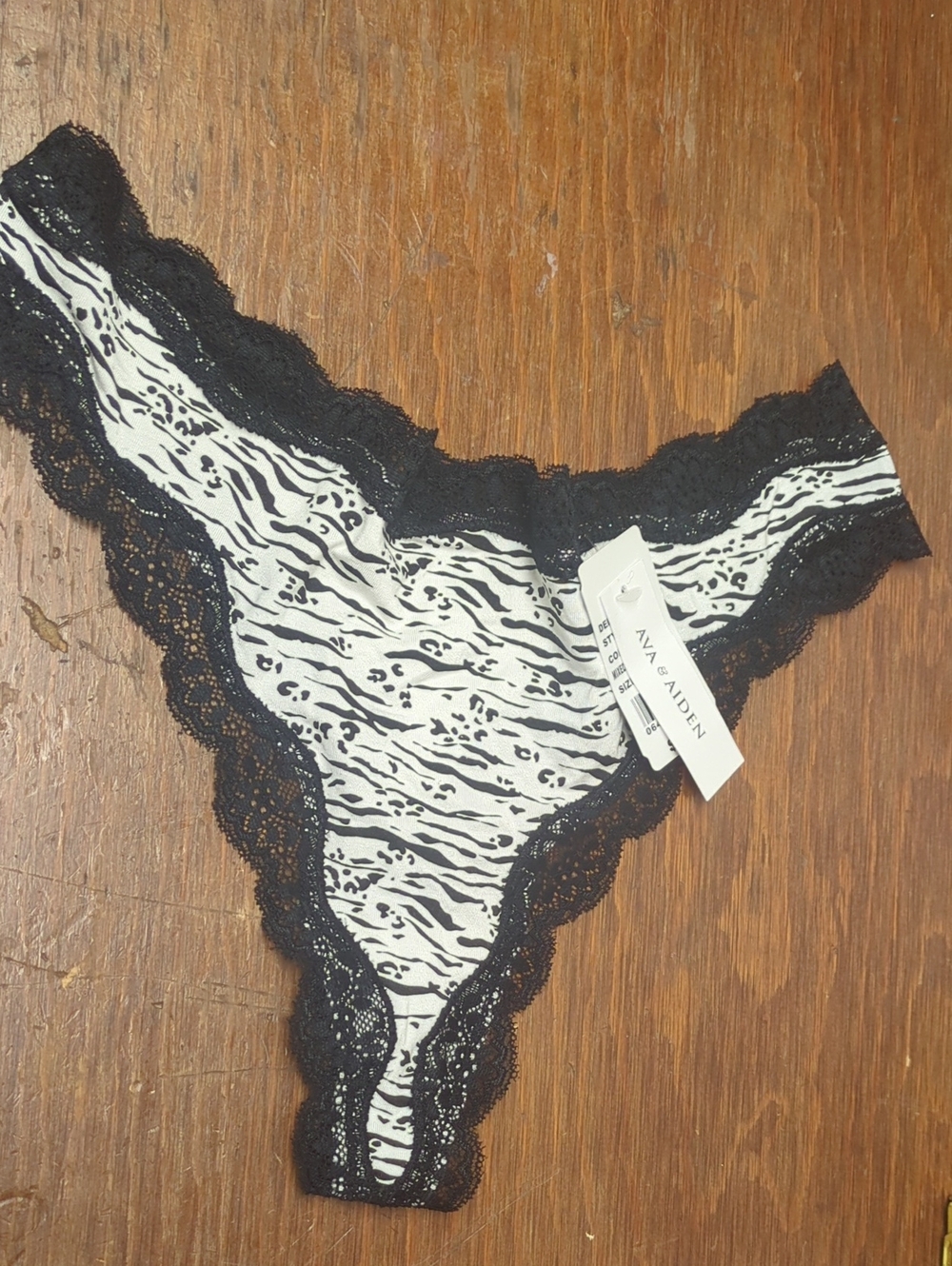 Ava & Aiden Zebra-Print Lace-Trim Thong - Black & White Women L/7